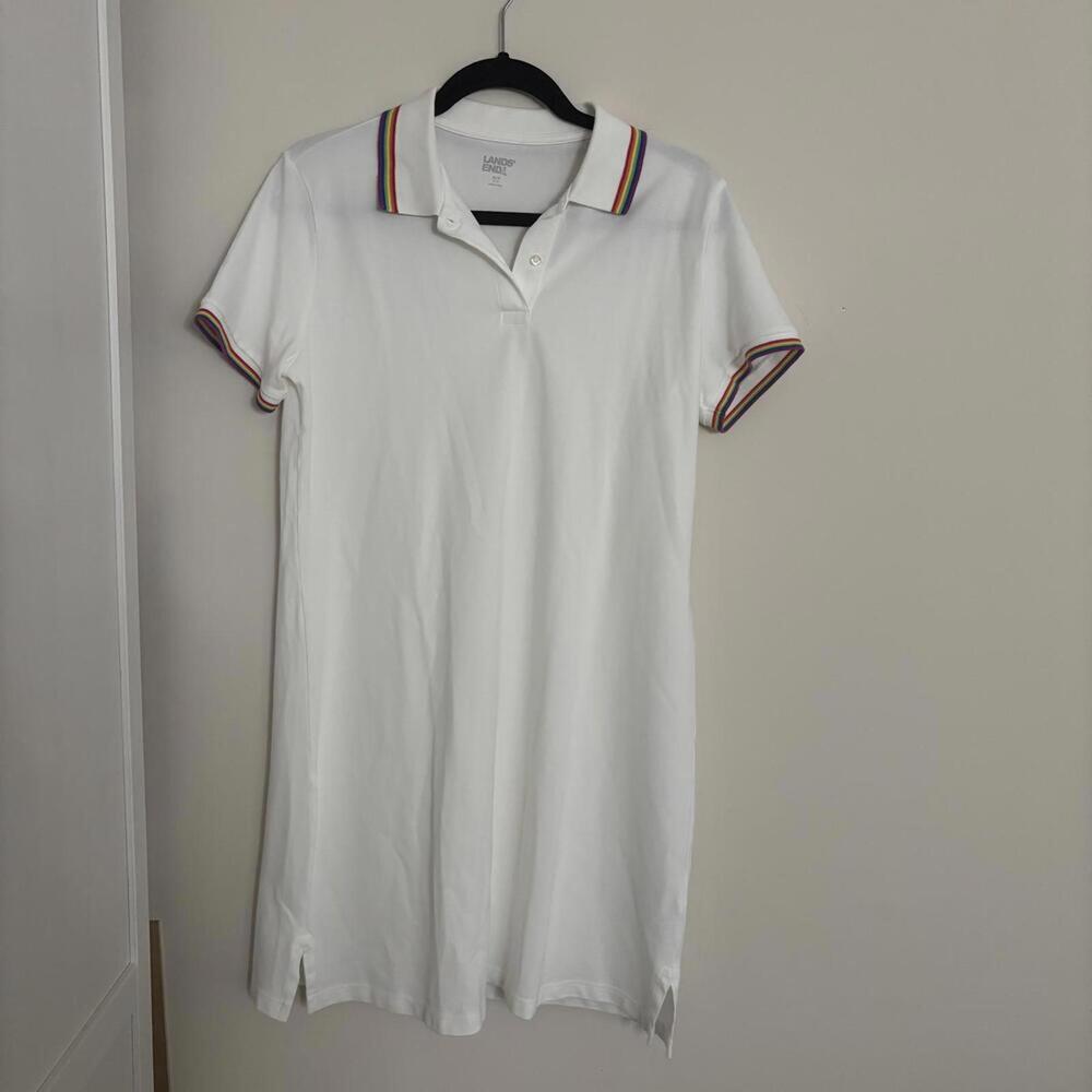 ✅Lands End White T-shirt Golf Dress Rainbow Trim Semi Sheer Casual Sporty